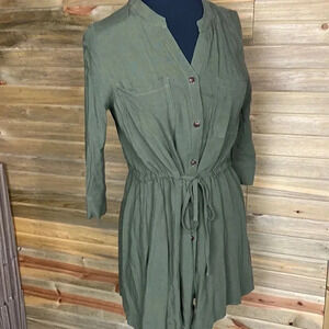 ANS Green Button Front Drawstring Dress Size Medium 0097